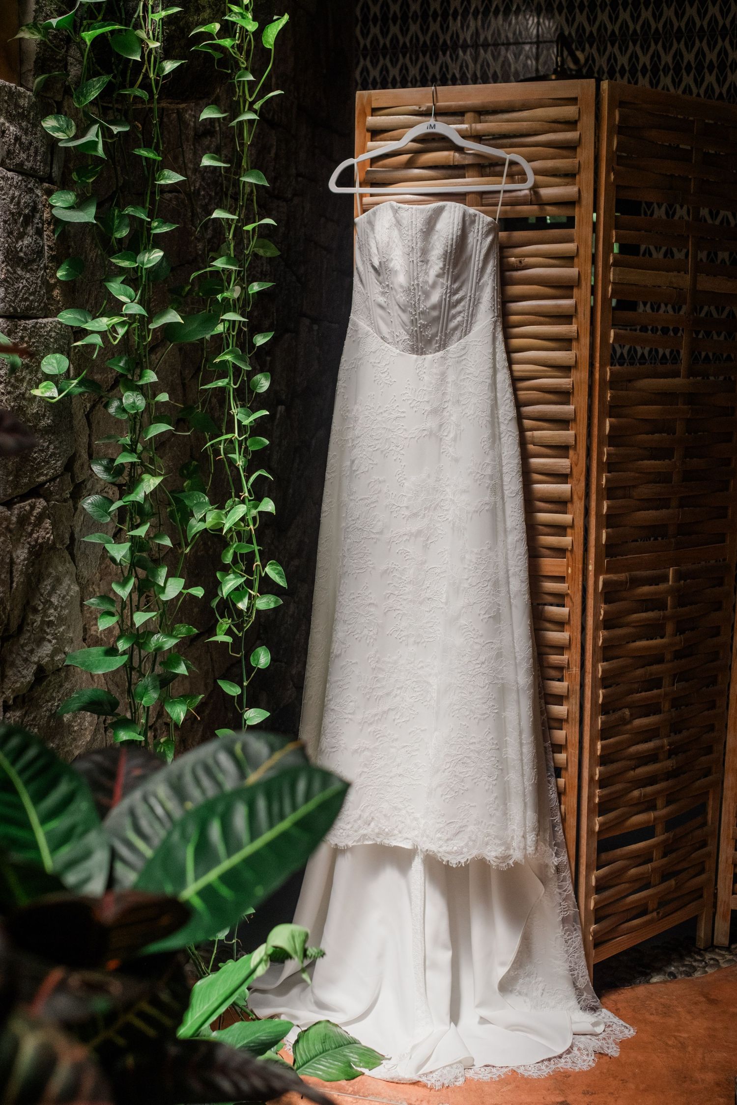 Strapless lace wedding dress hanging on wooden room divider surrounded by tropical green plants.
