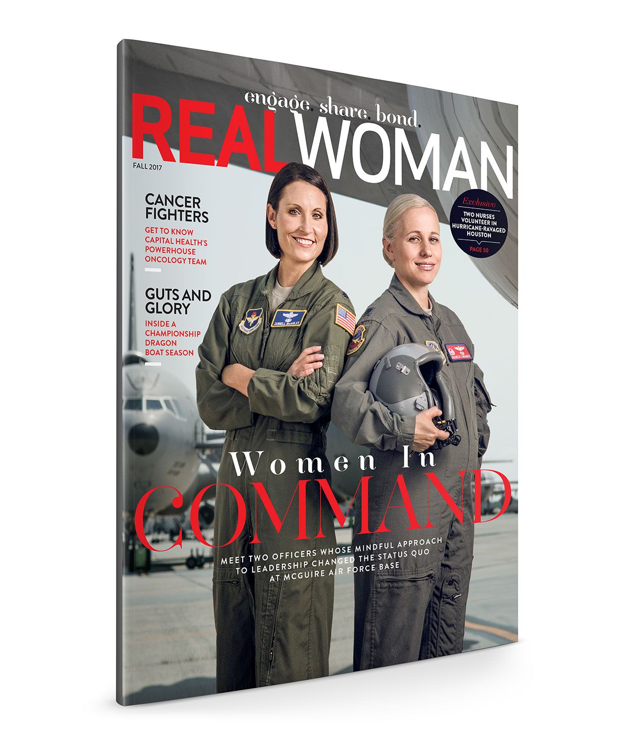 Real Woman magazine cover featuring two female military officers in flight suits titled Women In Command.