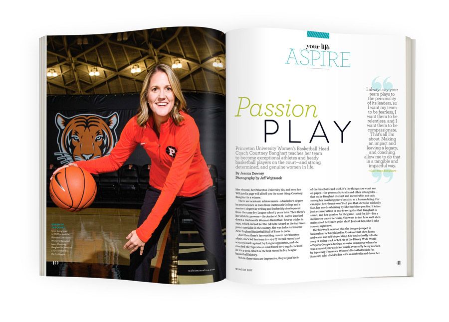 Magazine spread featuring a smiling female basketball coach in orange jacket posing with a ball on a court, titled Passion Play.