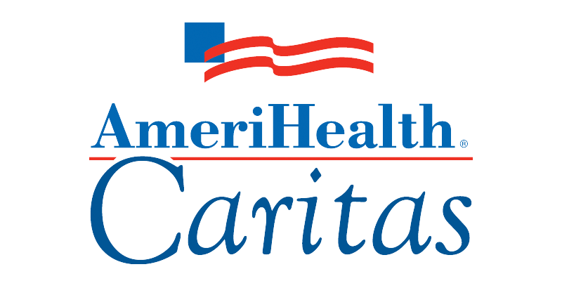 AmeriHealth Caritas logo with American flag icon above elegant blue serif typography on white background.