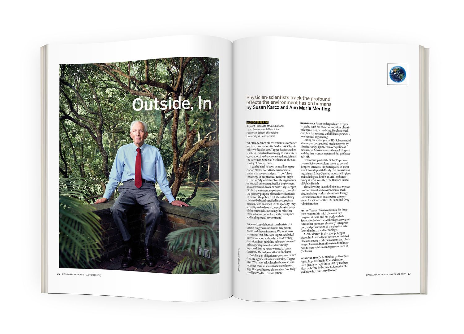 Open magazine spread featuring a man meditating outdoors in a lush forest setting with the title Outside In.