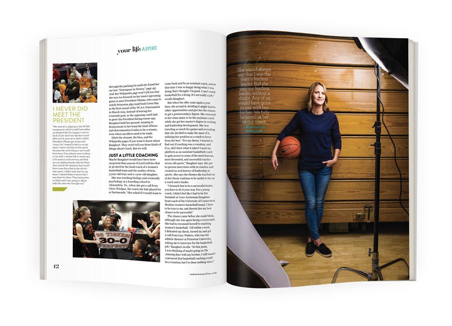 Magazine spread featuring a woman holding a basketball in a gym, with sports photography and article text visible.