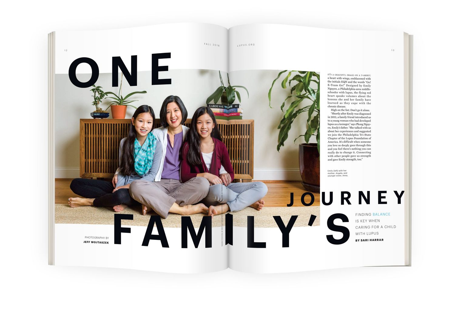 Open magazine spread titled One Familys Journey featuring three Asian women sitting together on a floor.