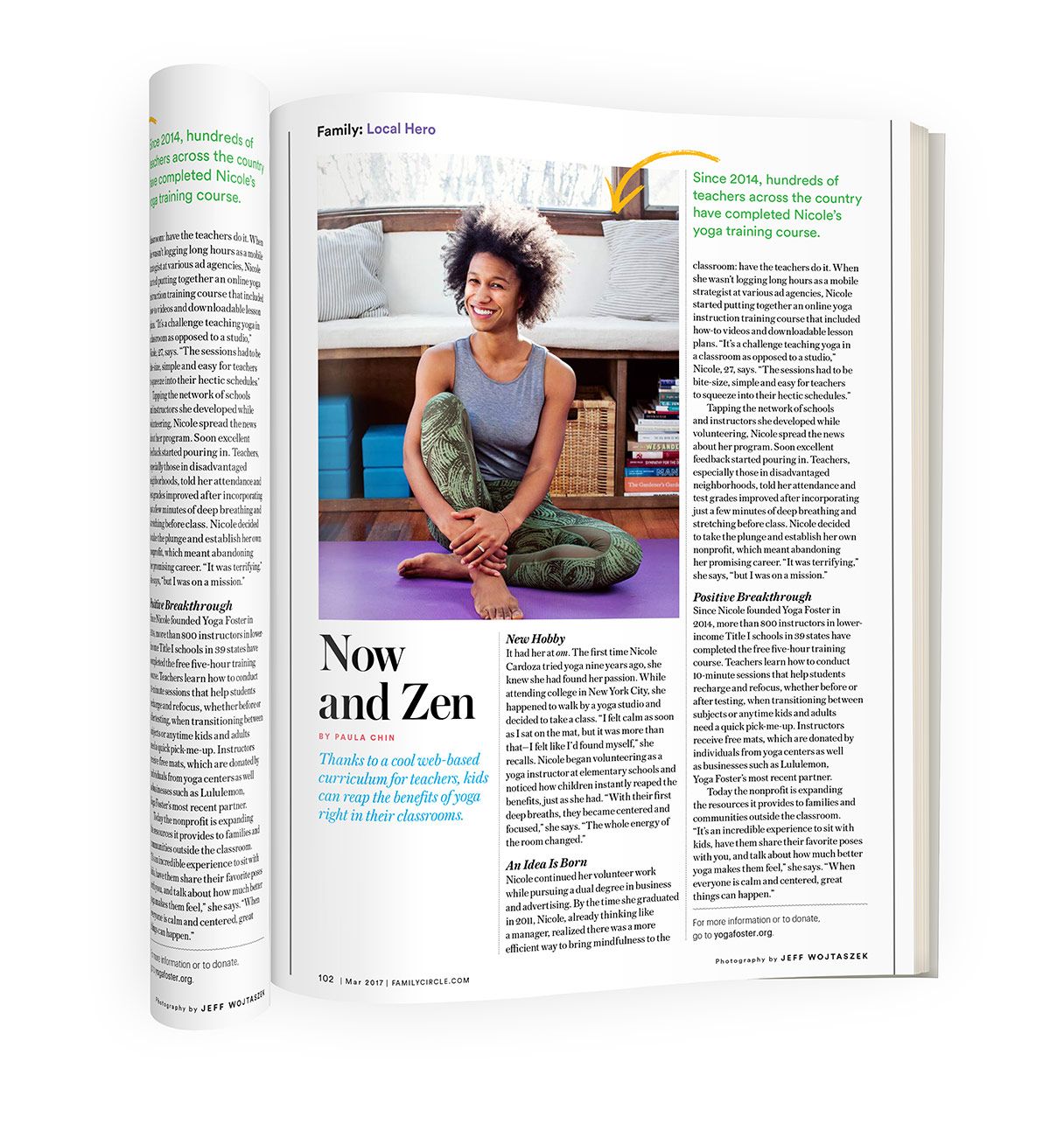 Open magazine spread featuring a yoga article titled Now and Zen with a woman practicing yoga pose on a mat.
