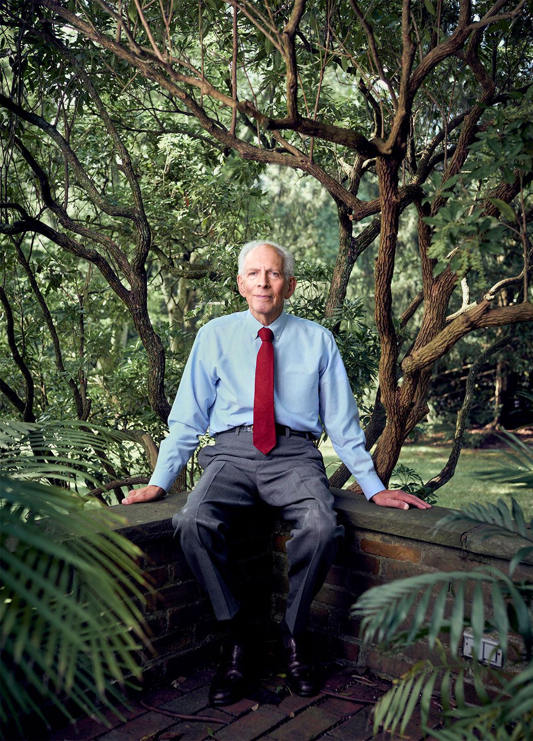 Senior businessman in blue shirt and red tie sitting outdoors surrounded by lush green trees.