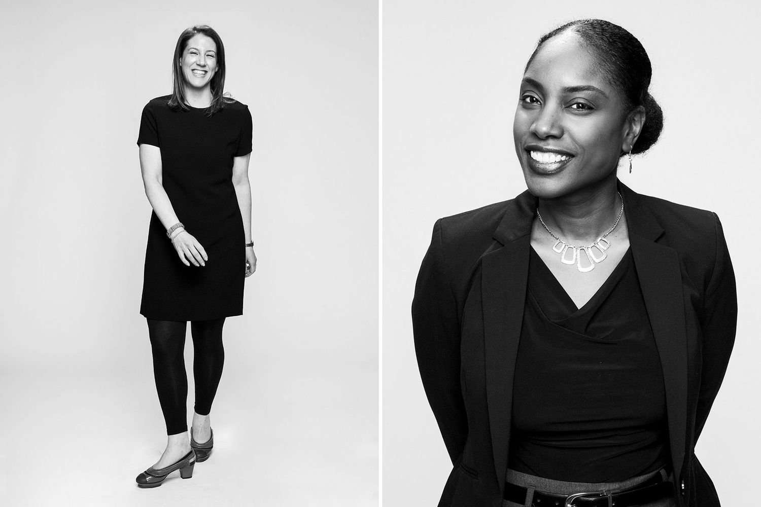 Black and white dual portrait of two professional women in business attire posing confidently.