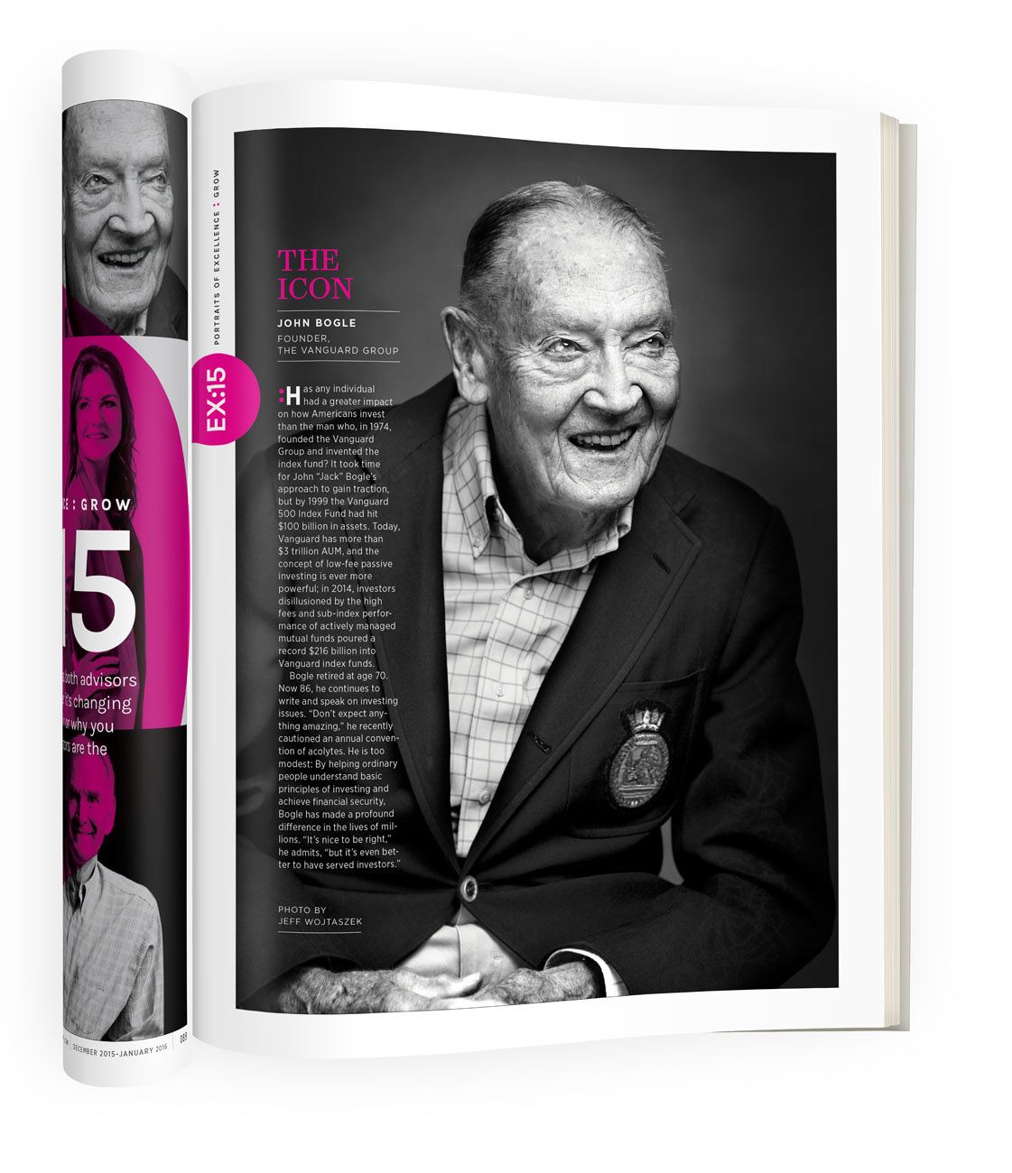 Magazine article spread featuring a black and white portrait of elderly man John Bogle titled The Icon.