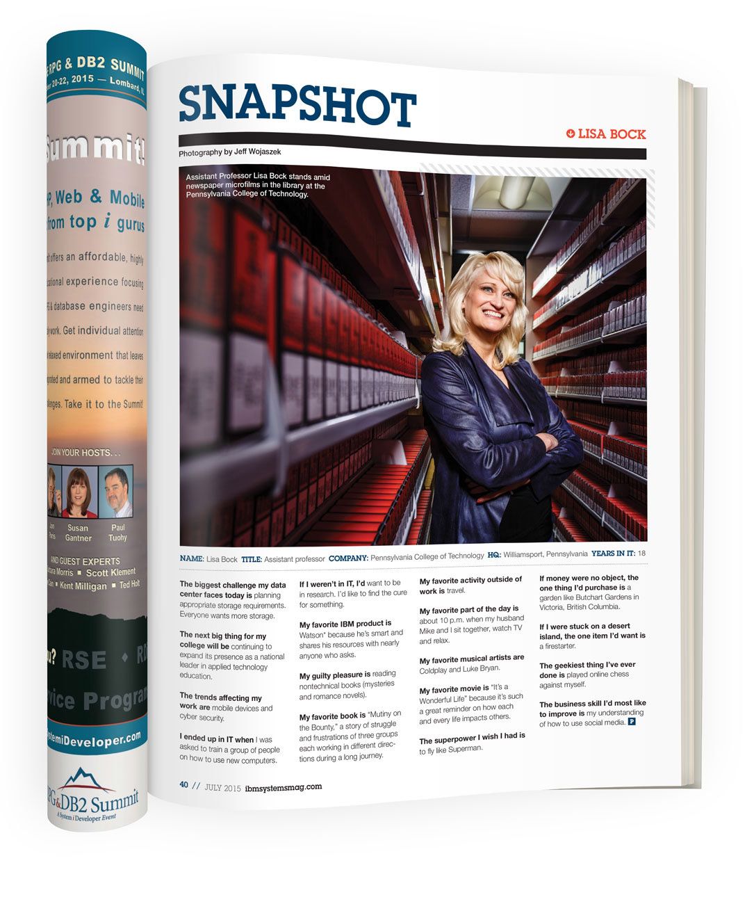A magazine snapshot feature showing a blonde woman in a blue blazer posing in a library archive with rows of binders.