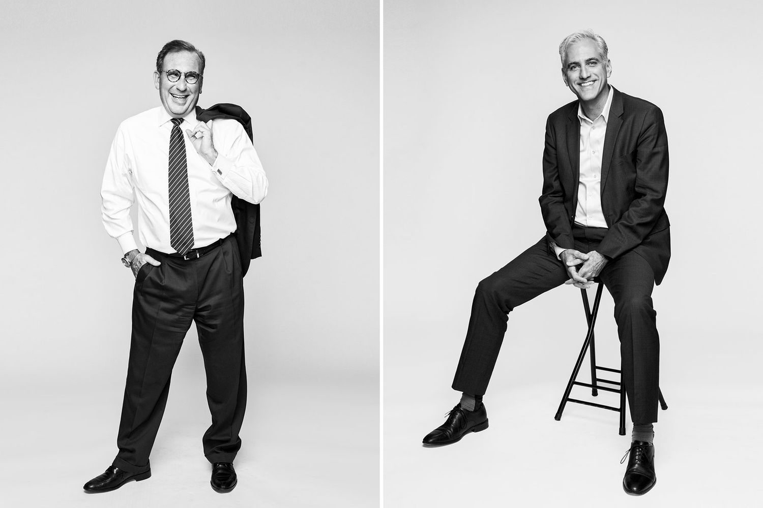 Two professional men in business attire pose in separate black and white full-length portrait photos.