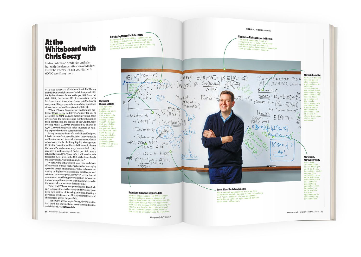 Open magazine spread showing a man standing at a whiteboard covered in equations titled At the Whiteboard.
