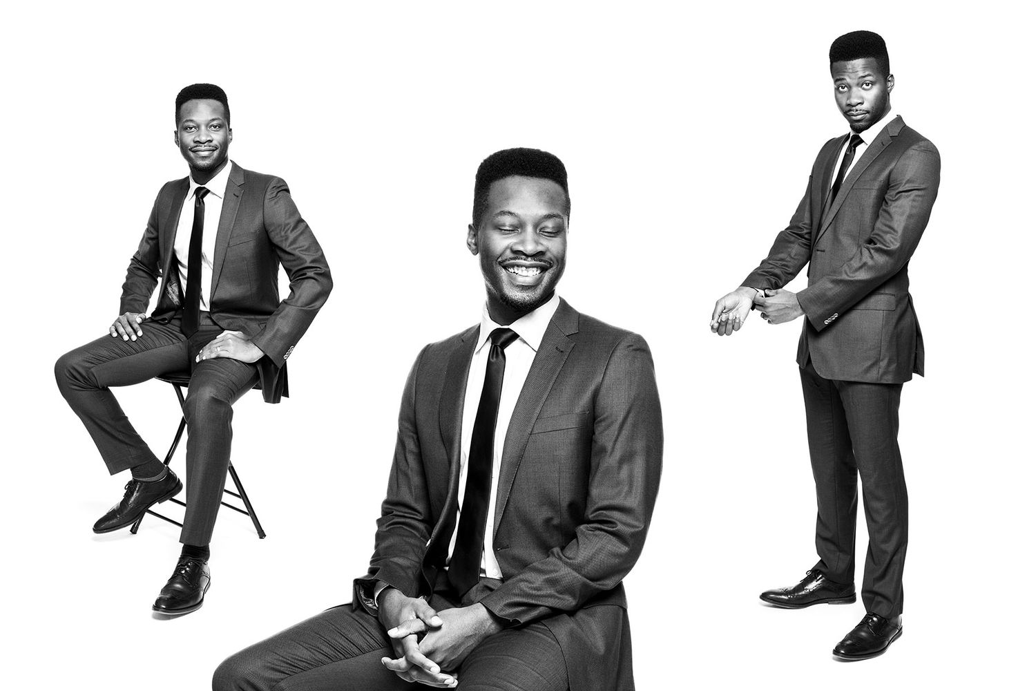 Stylish young Black man in grey suit poses in three black and white professional portrait shots.