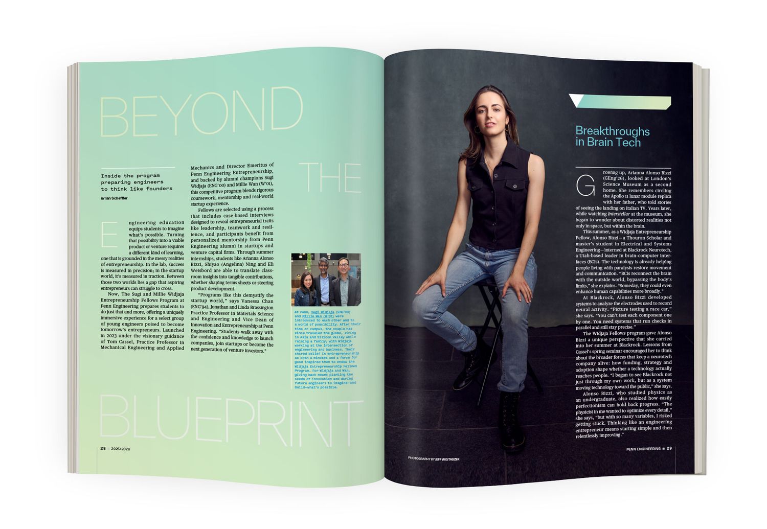 Open magazine spread featuring an article titled Beyond the Blueprint with a seated woman.