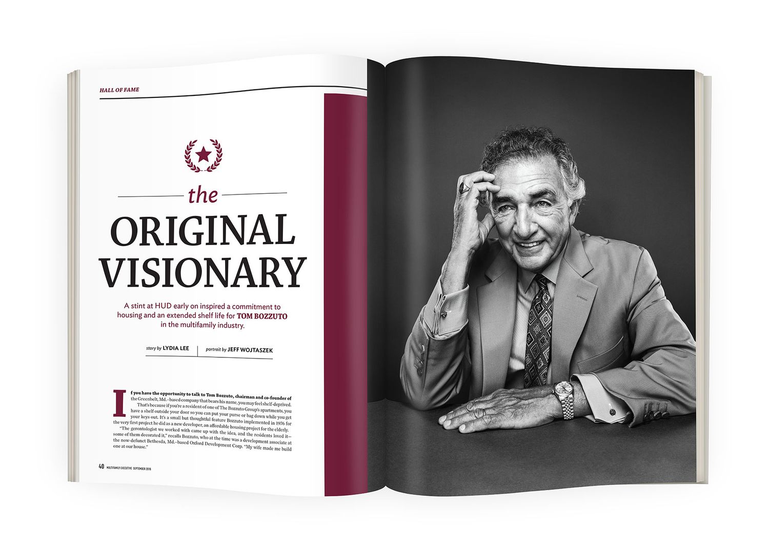 Open magazine spread titled The Original Visionary with a black and white portrait of an elderly man in a suit.