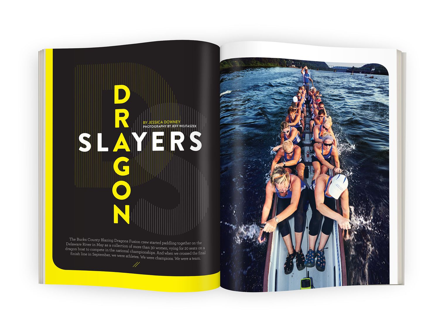 Open magazine spread titled Dragon Slayers featuring an aerial view of women rowing a dragon boat.