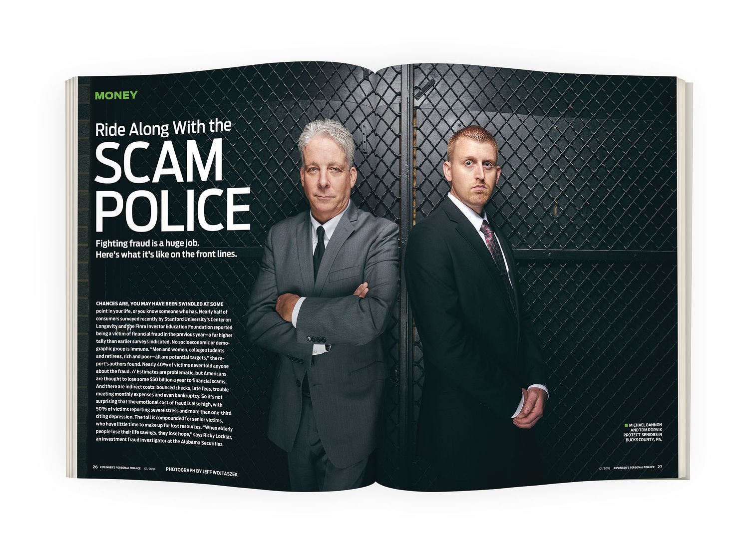 Magazine spread featuring two men in suits for an article titled Ride Along with the Scam Police.