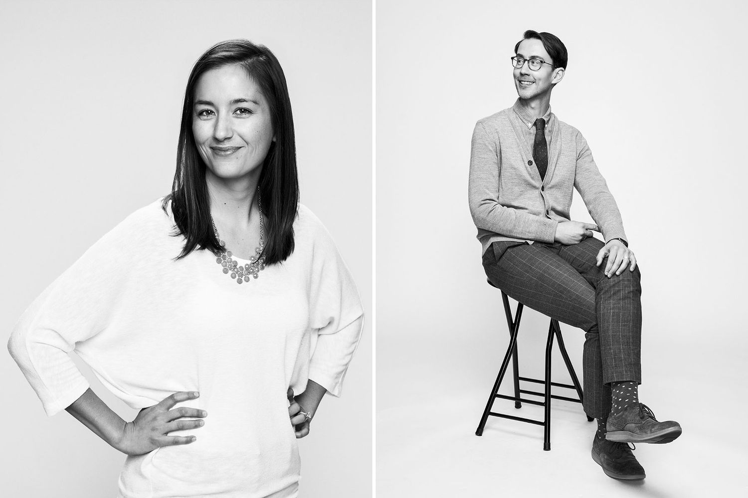 Black and white dual portrait of a woman in white top and a man in cardigan on stool.