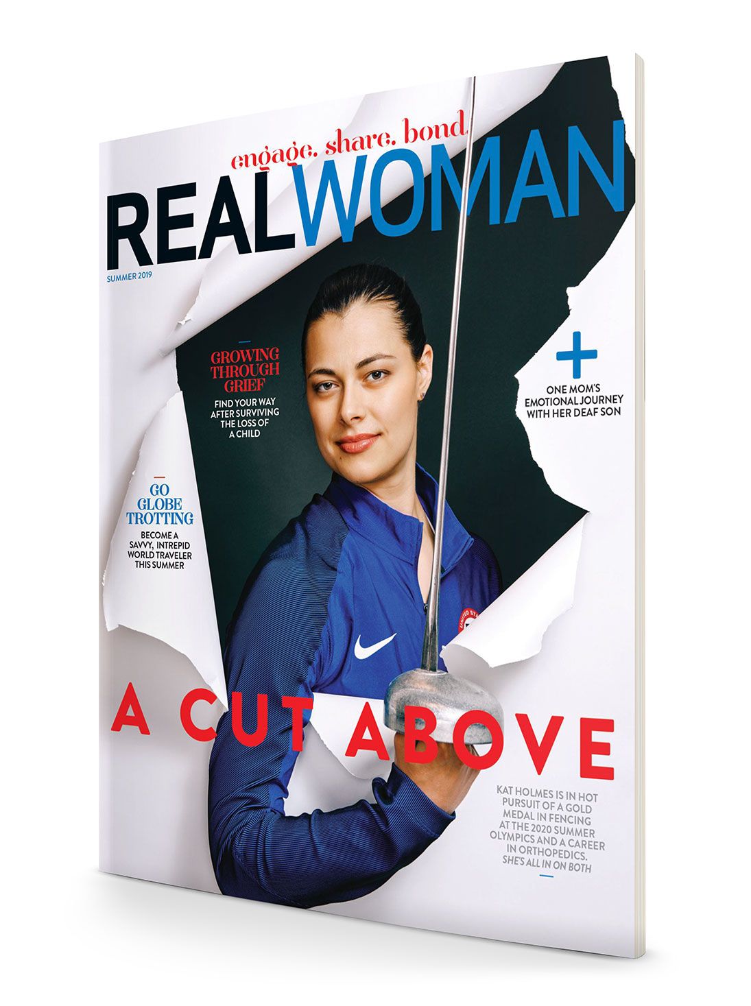 Real Woman magazine cover featuring a female fencer in athletic gear with bold red typography.