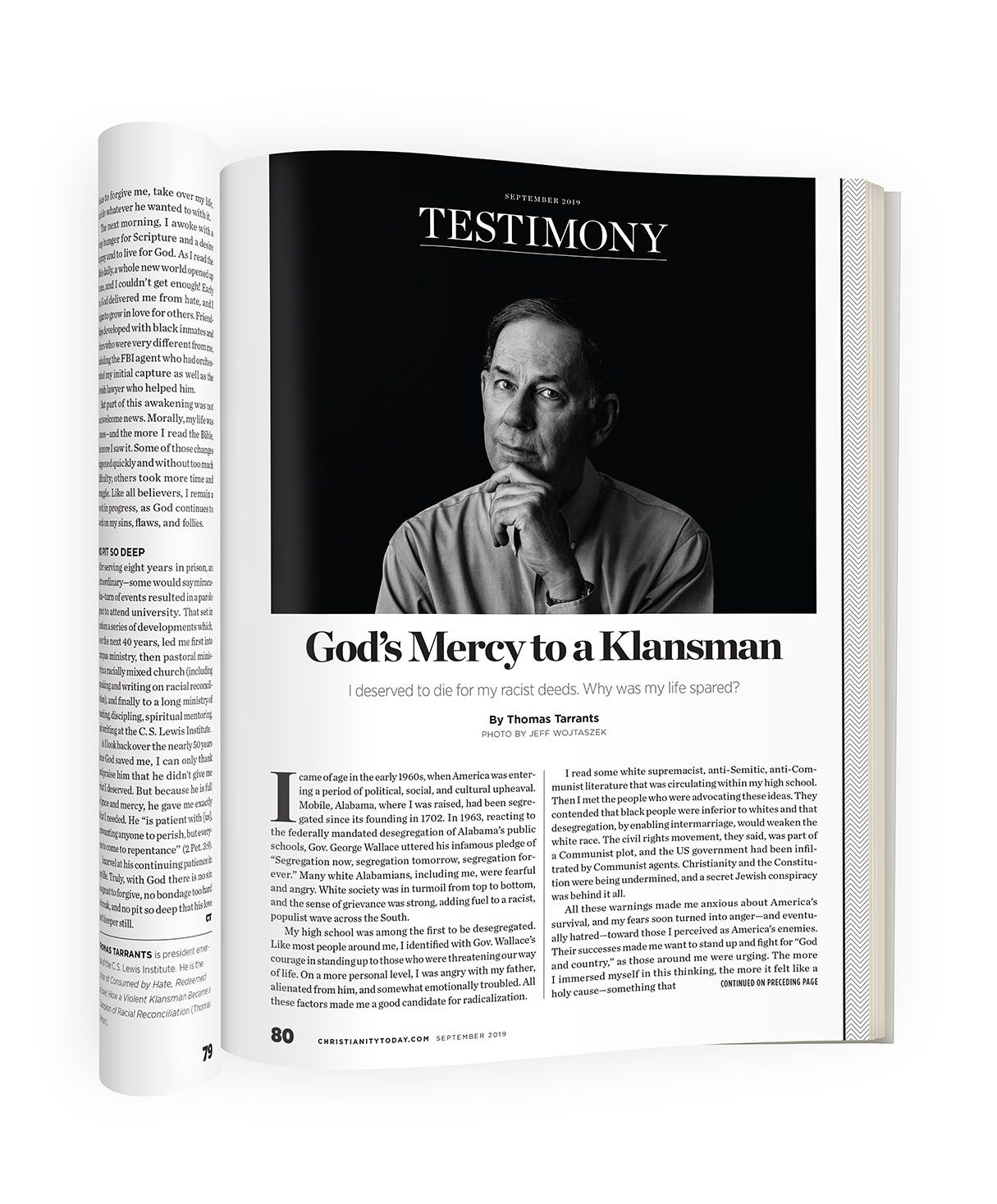 Open magazine spread featuring article titled Gods Mercy to a Klansman with a man in contemplative pose.