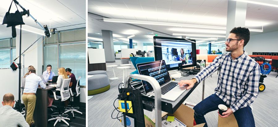 Split image of office meeting and man in plaid shirt working at dual monitor video editing setup.