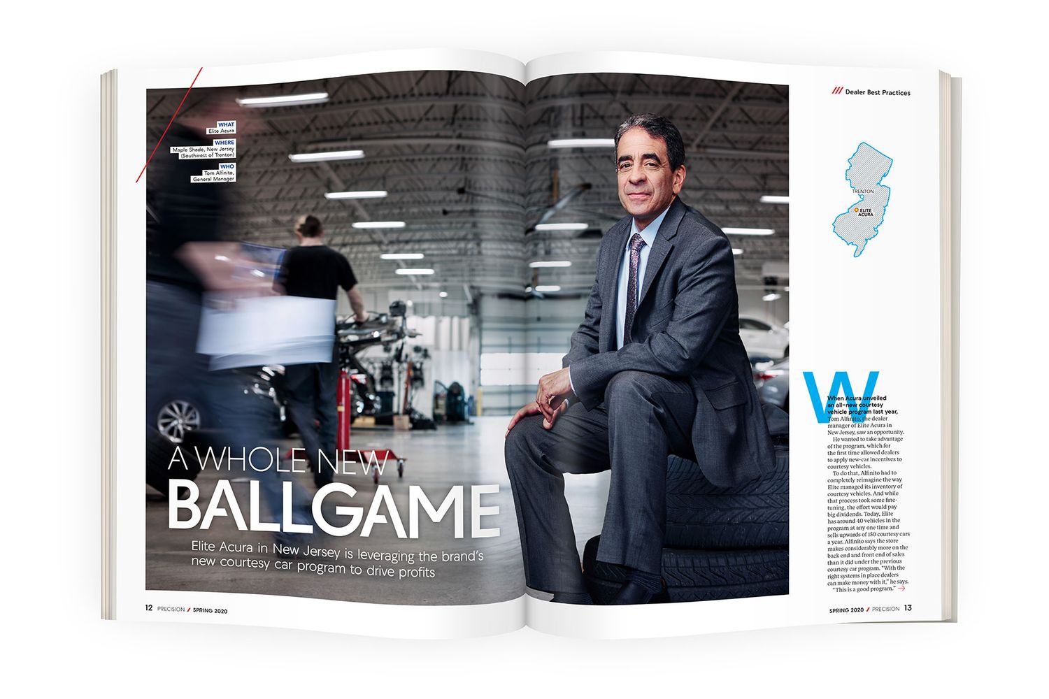 Open magazine spread titled A Whole New Ballgame featuring a businessman seated in a large warehouse facility.