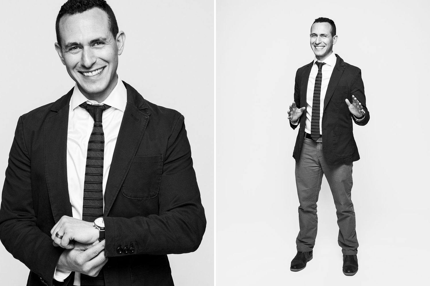 Confident businessman in suit and tie poses in black and white professional portrait photos.