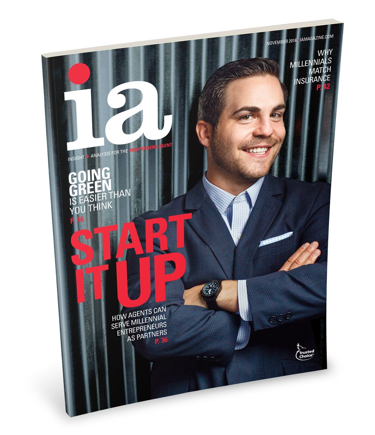 IA magazine cover featuring a smiling man in a suit with headline Start It Up about millennial entrepreneurs.