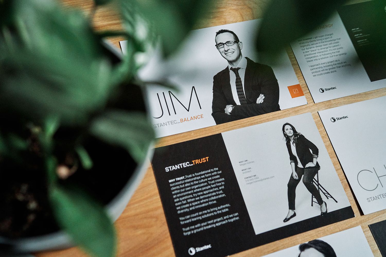 Close-up of a Stantec promotional card featuring a professional headshot of a man named Jim.