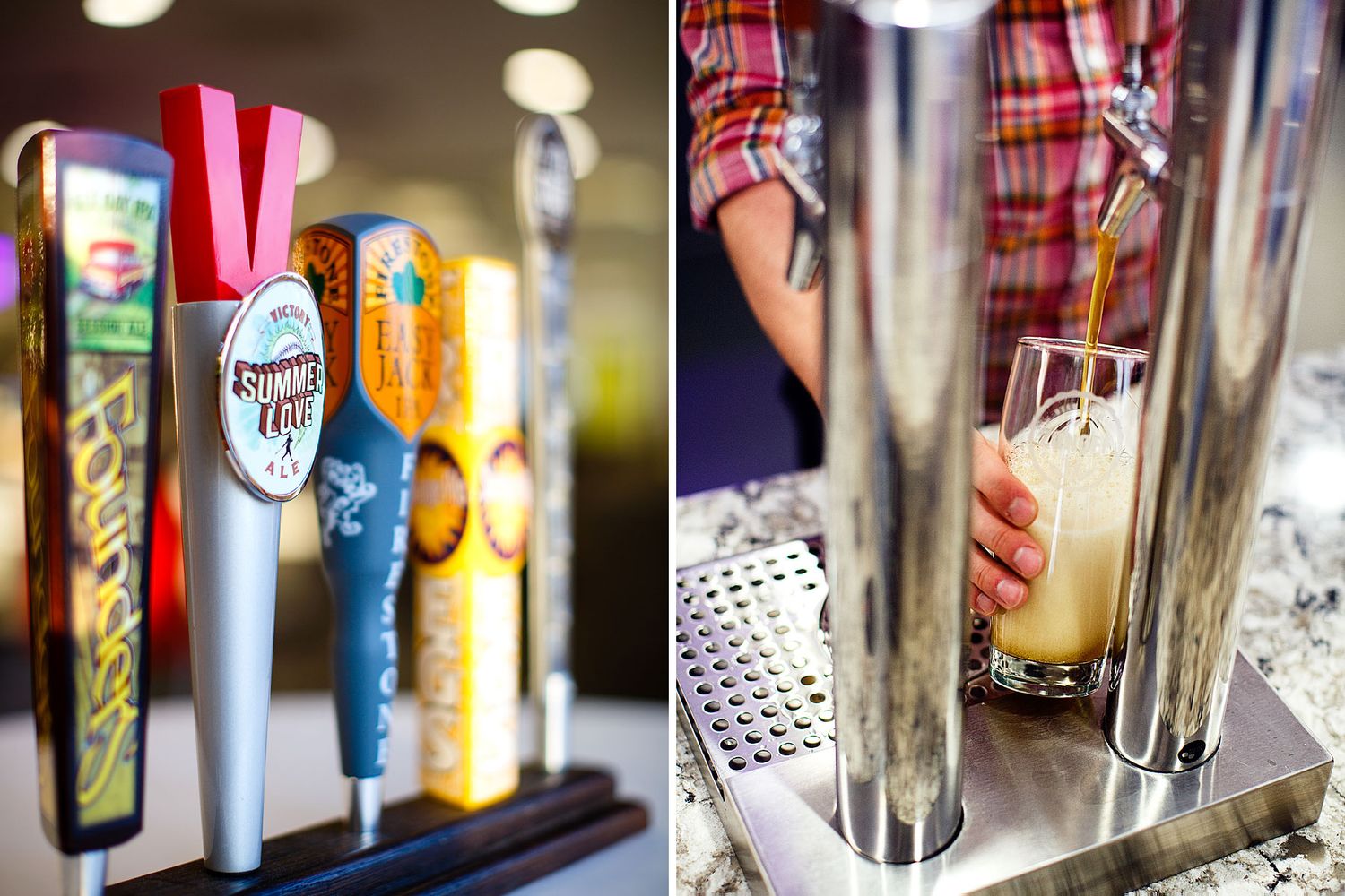 Beer taps lined up at a bar next to a bartender pouring a cold draft beer into a tall glass.
