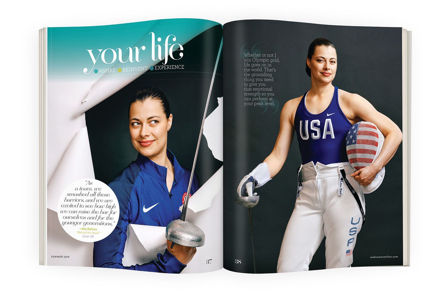 Magazine spread featuring a female fencer in USA Olympic uniform holding a mask and sword, titled Your Life.