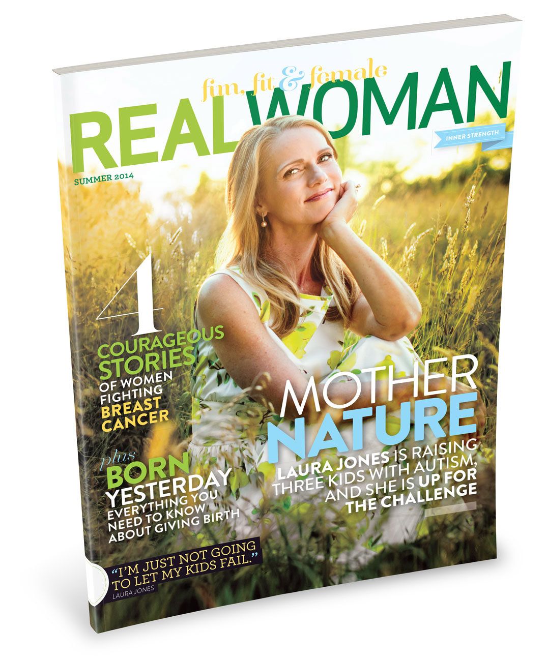 Real Woman magazine summer cover featuring a blonde woman in a field with headline Mother Nature.