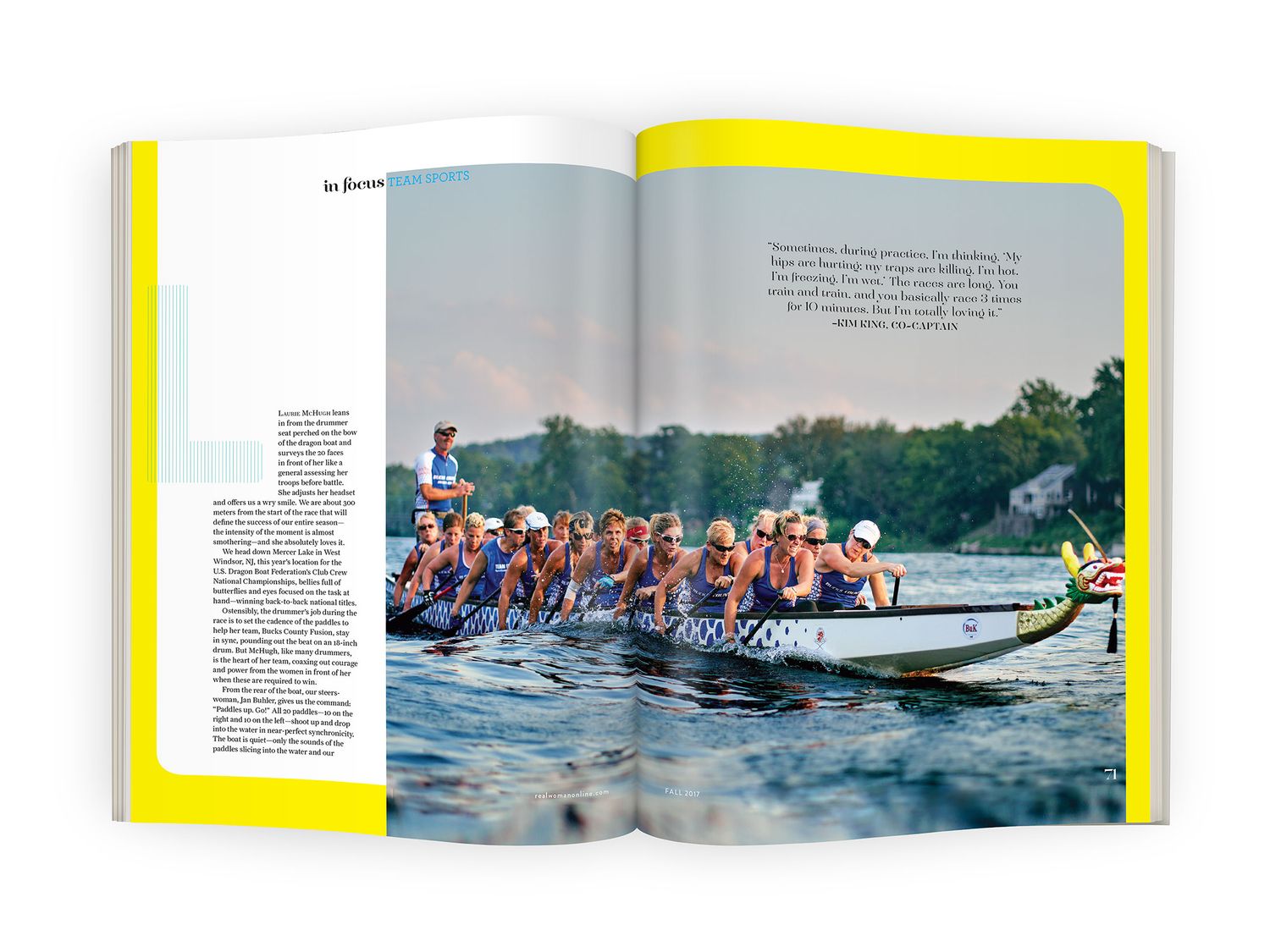 Open magazine spread with yellow borders showing a team of women rowing a dragon boat on a lake.