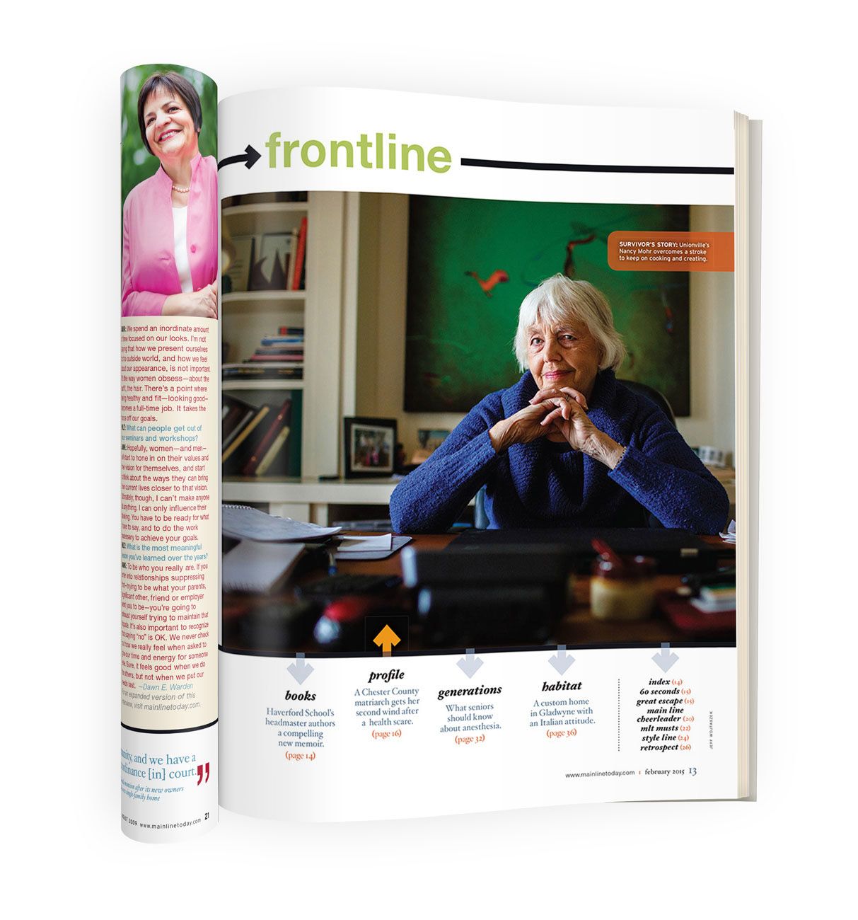 Open magazine spread showing Frontline section with an elderly woman sitting thoughtfully at a desk.