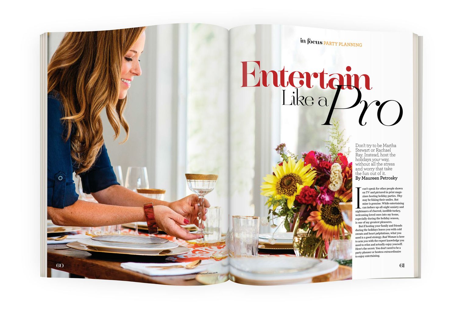 Open magazine spread featuring article titled Entertain Like a Pro with a woman arranging a dining table.