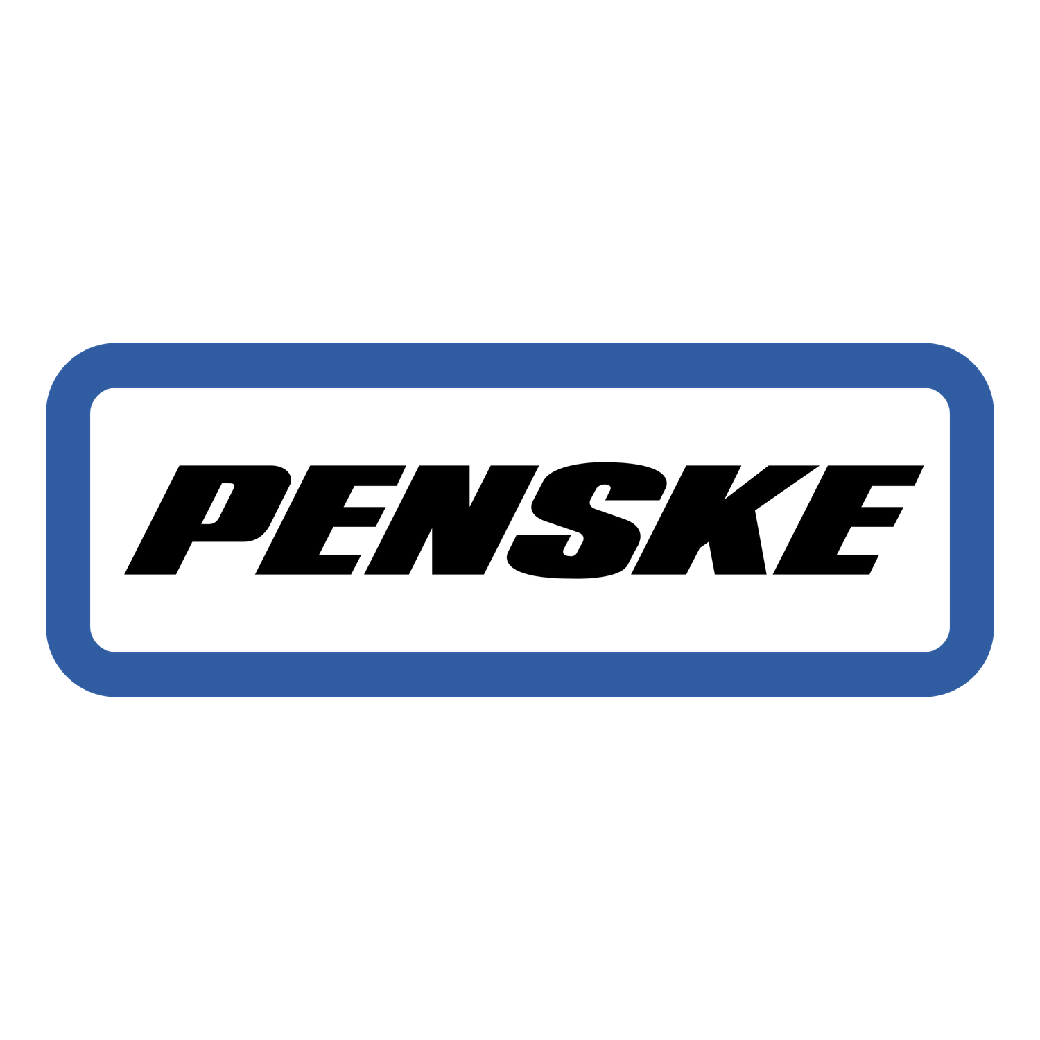 Penske logo featuring bold black italic text inside a blue rounded rectangle border on white background.