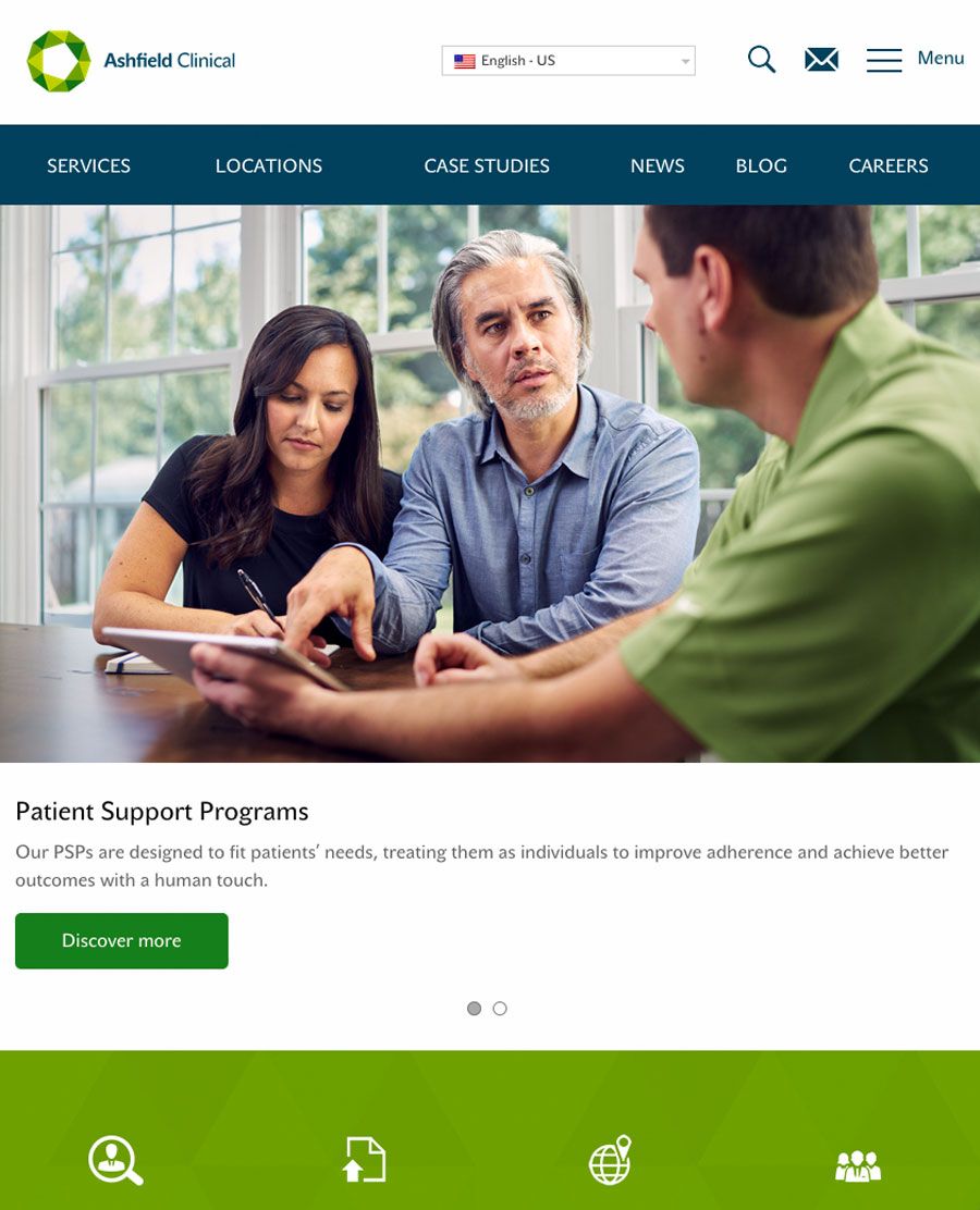 Ashfield Clinical website homepage featuring patient support programs with diverse consultation image.