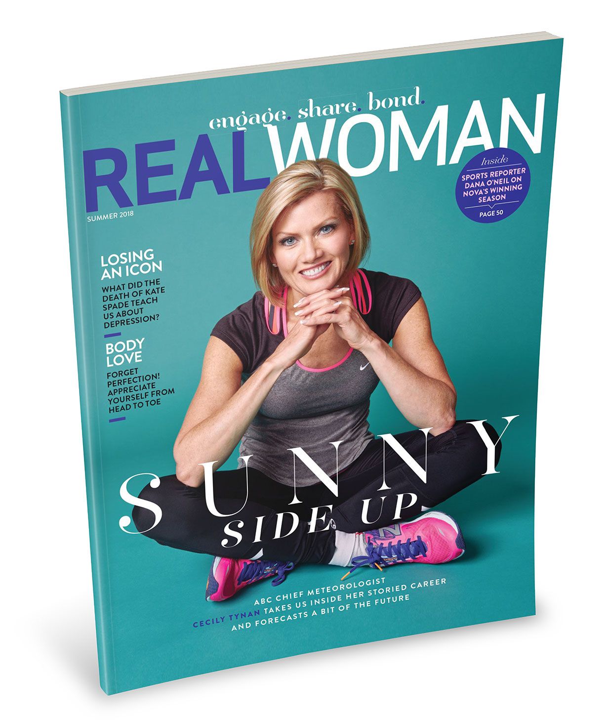 Real Woman magazine summer issue cover featuring a smiling blonde woman in athletic wear.