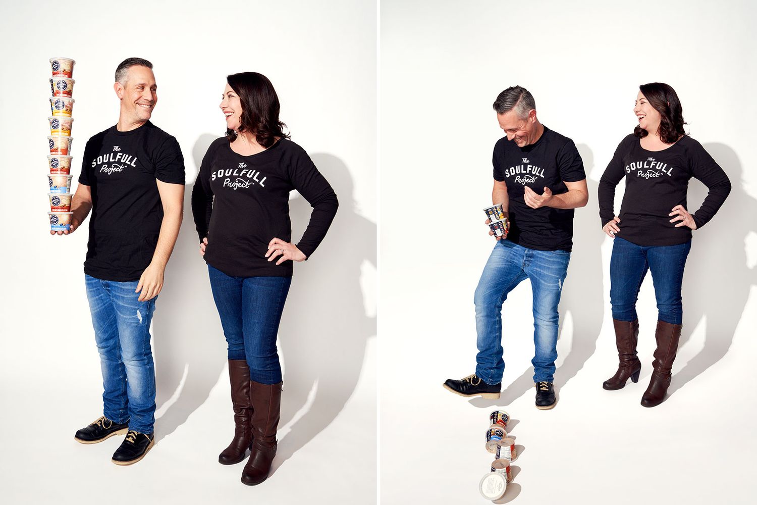 Man and woman in matching black branded tees pose with product in dual portrait layout.