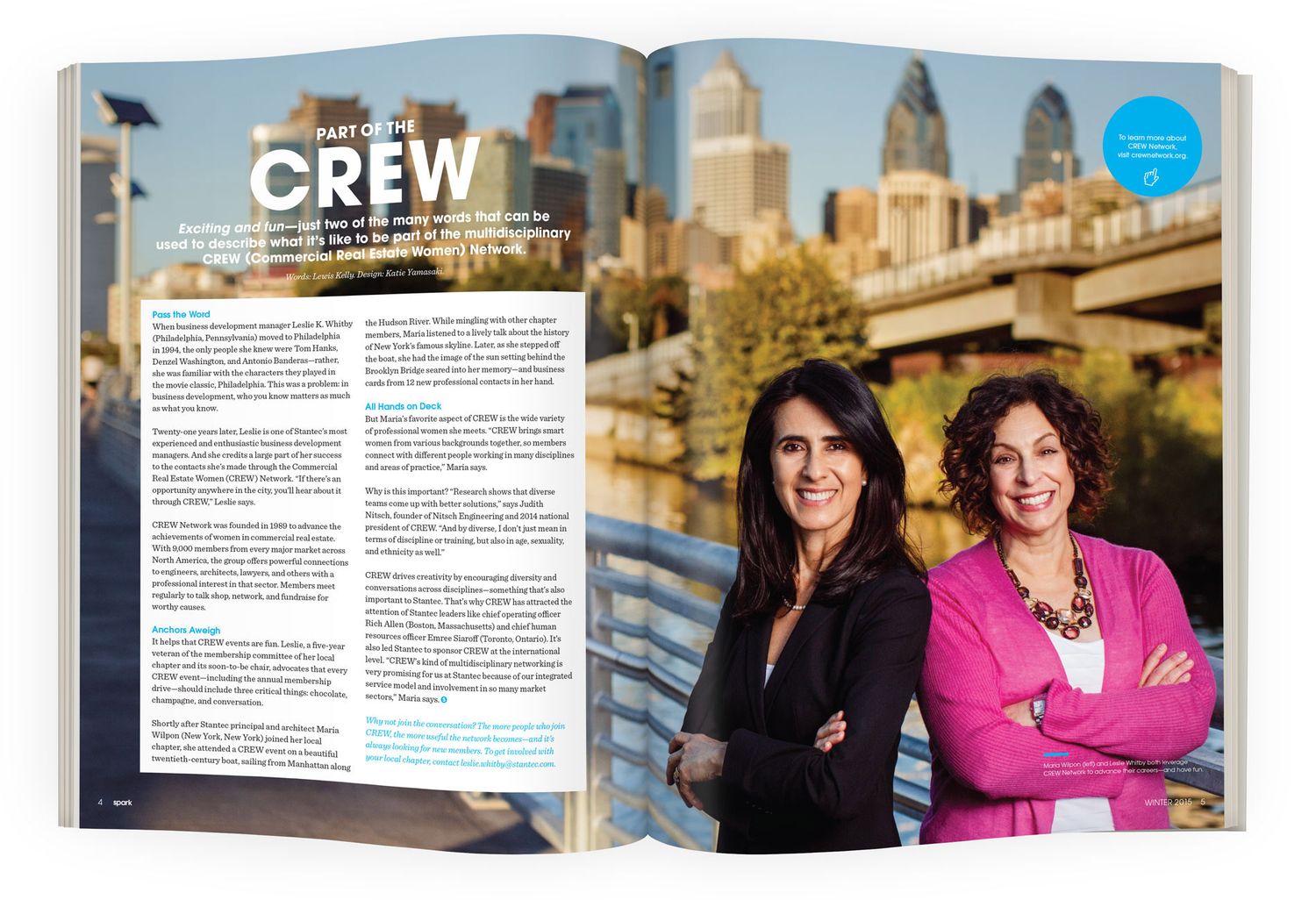 Open magazine spread titled Part of the Crew featuring two professional women posing with a city skyline backdrop.