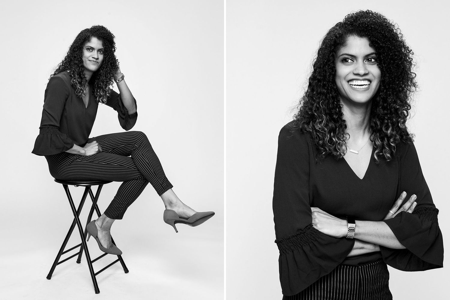 Black and white dual portrait of curly-haired woman in black outfit posing confidently.