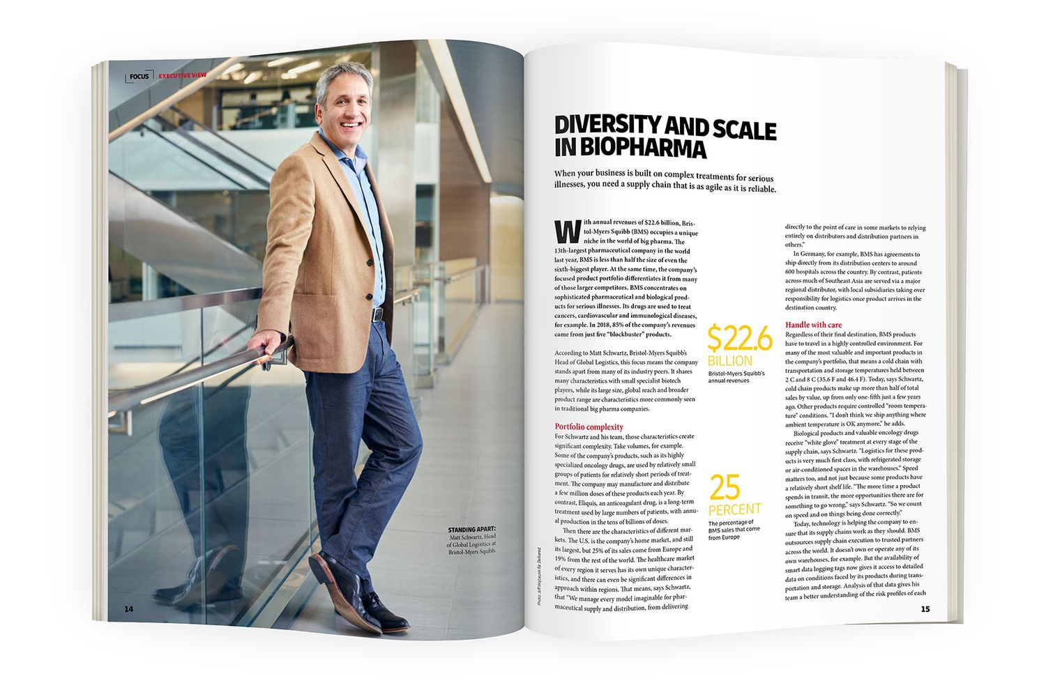 Magazine spread featuring an executive in a tan blazer on a staircase, with article titled Diversity and Scale in Biopharma.