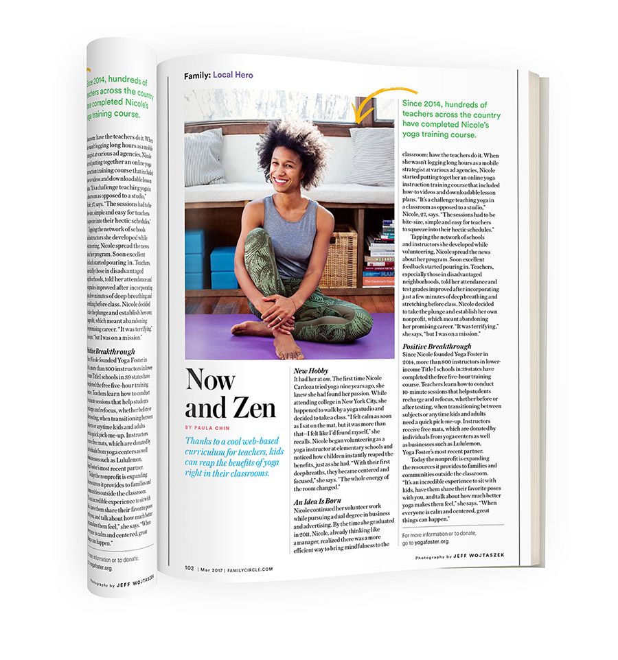 Magazine spread featuring article titled Now and Zen with woman in yoga pose sitting cross-legged on floor in cozy room.