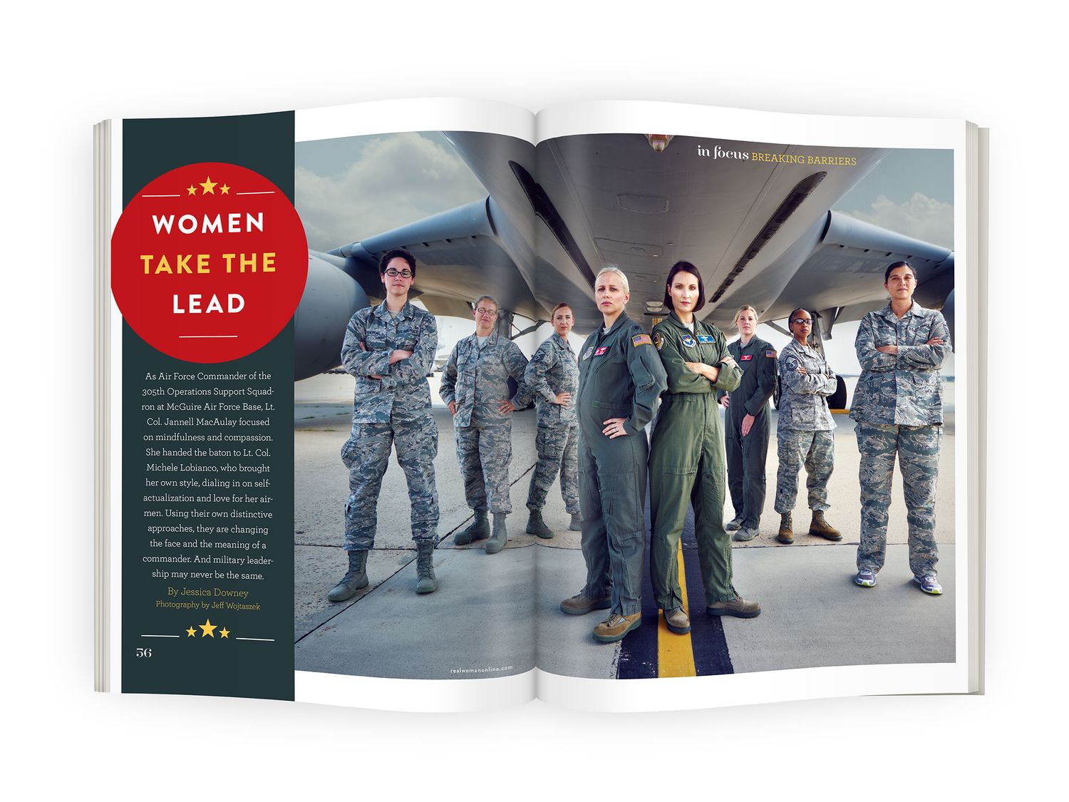 Open magazine spread titled Women Take the Lead showing a group of female military personnel near an aircraft.