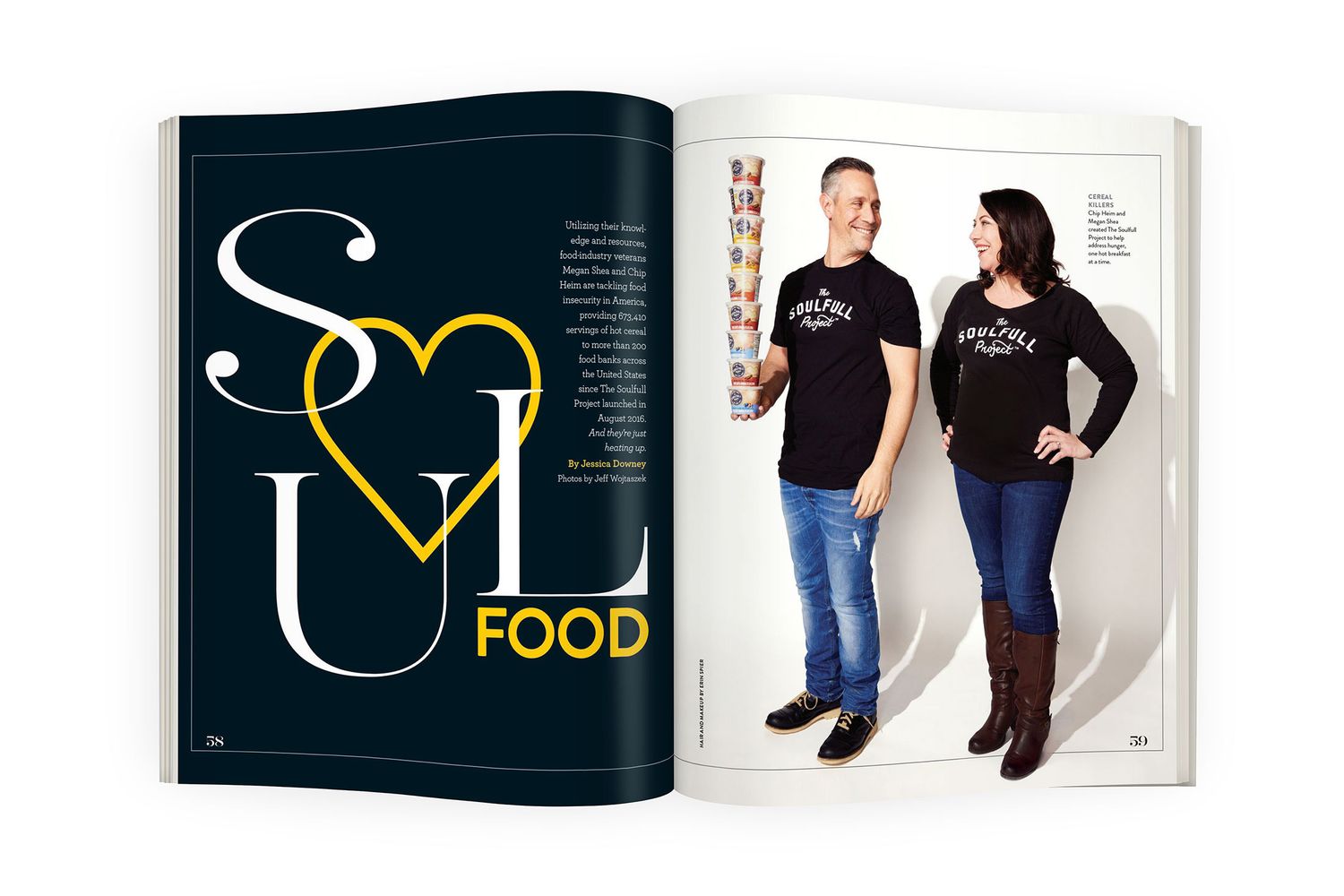 Open magazine spread titled Soul Food featuring a couple wearing matching black branded t-shirts.