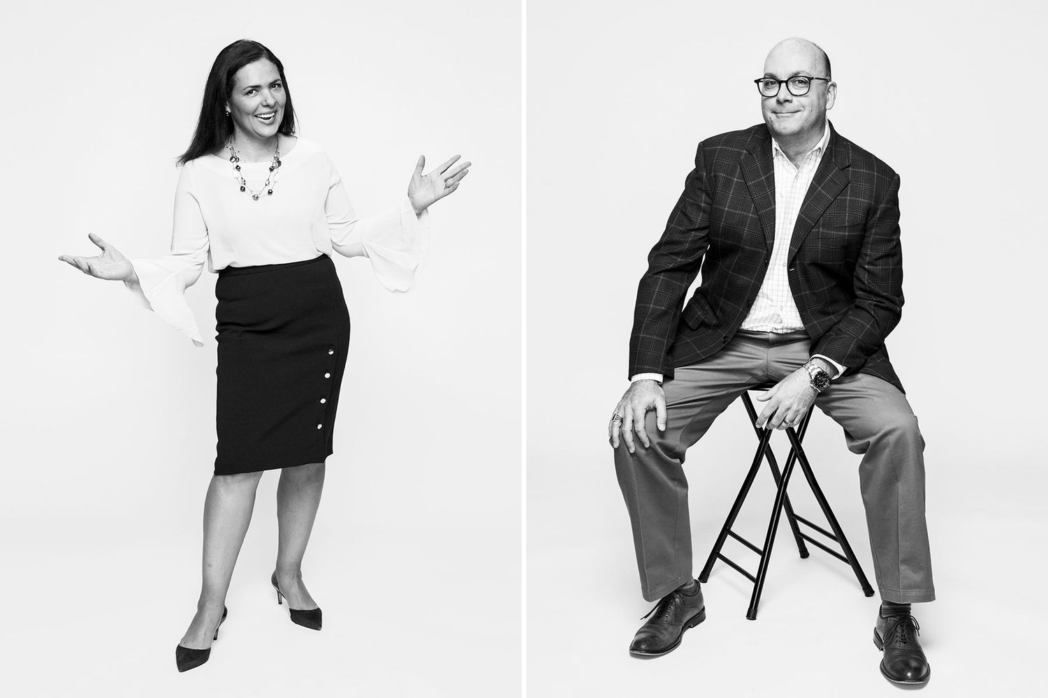 Professional woman in white blouse and man in blazer pose in black and white business portraits.