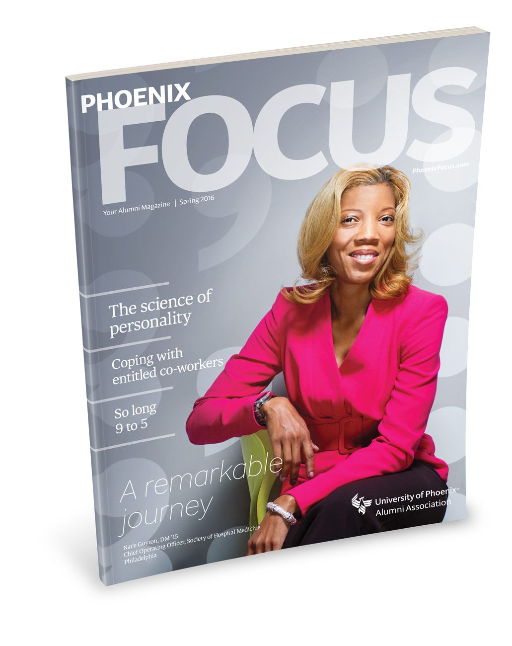 Phoenix Focus alumni magazine cover featuring a smiling woman in pink blazer titled A Remarkable Journey.