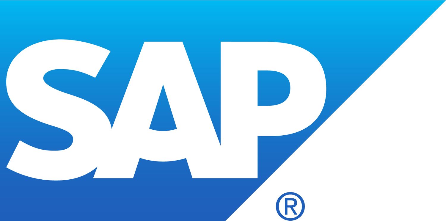 SAP software company logo with white bold letters on a blue gradient diagonal background.
