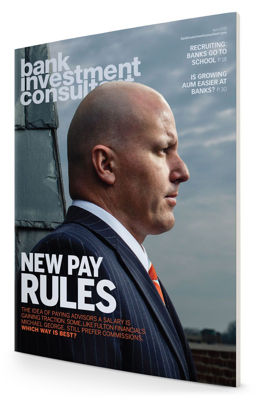 Bank Investment Consultant magazine cover featuring a businessman in a suit with headline New Pay Rules.