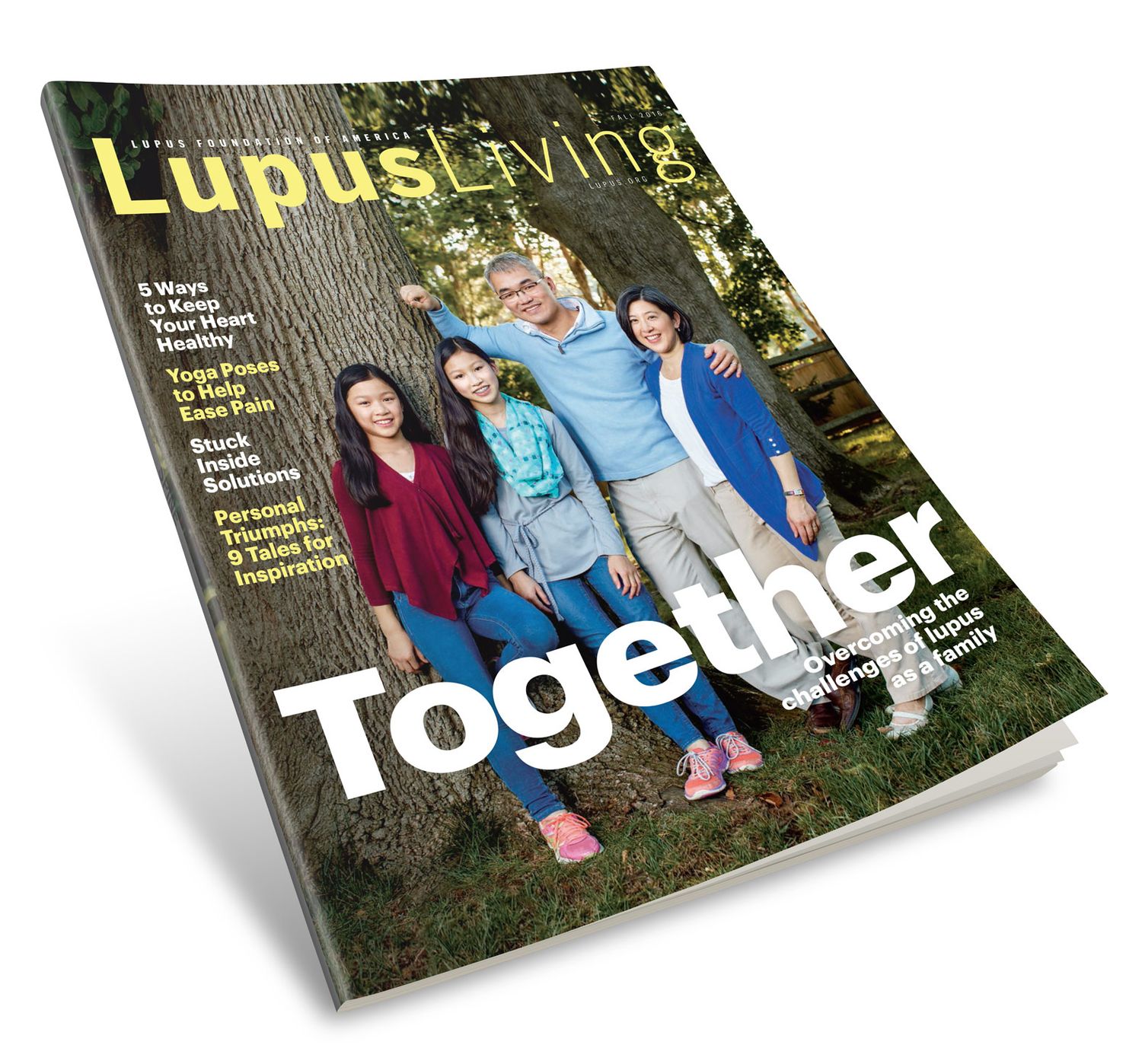 Lupus Living magazine cover featuring a happy family embracing outdoors under a tree titled Together.