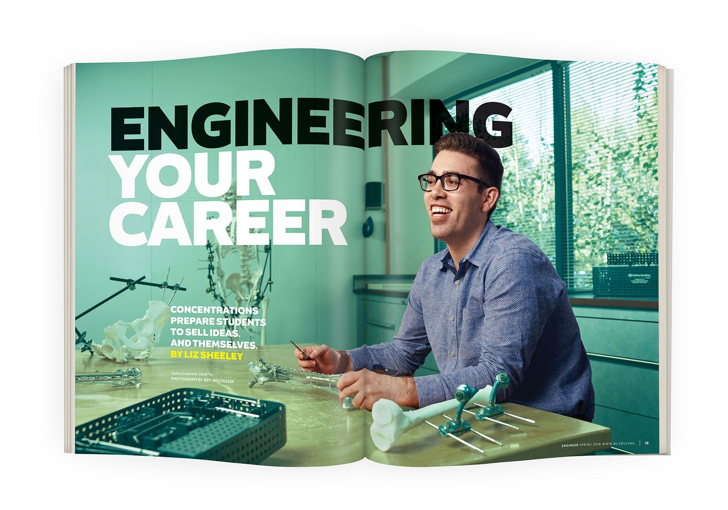 Open magazine spread titled Engineering Your Career showing a young man smiling at a desk with small objects.
