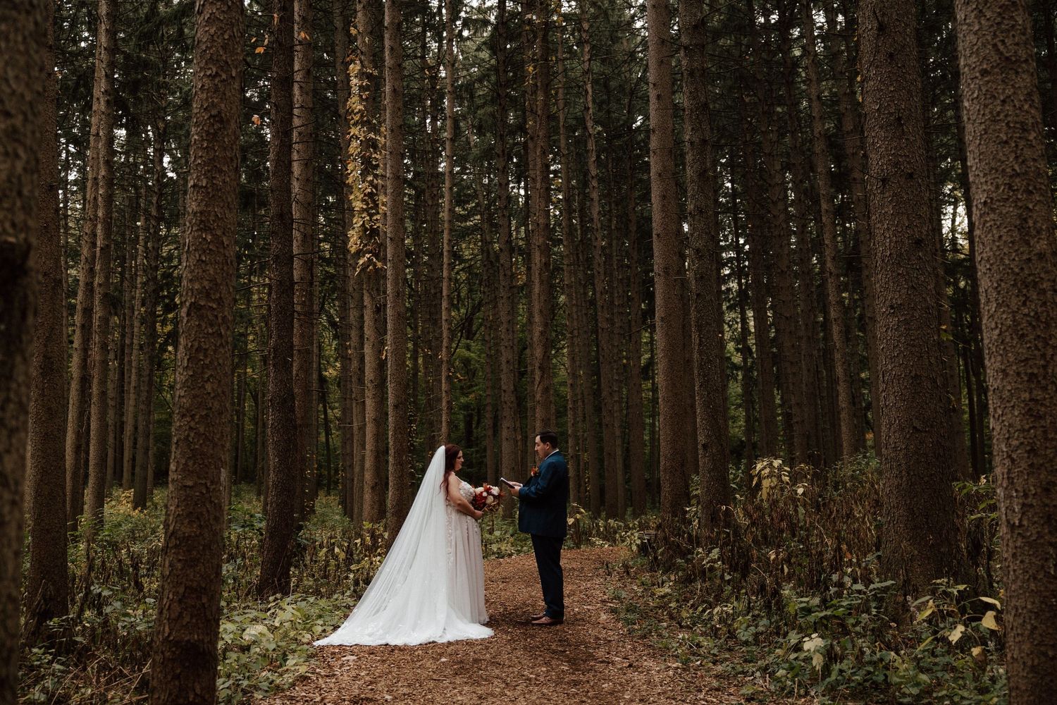 Bride and groom holding hands on a forest path surrounded by tall pine trees, bride wearing a long flowing veil.